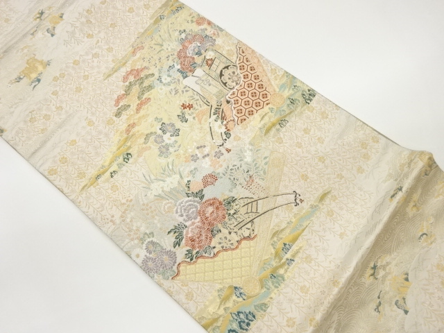 JAPANESE FUKURO OBI / WOVEN FLORAL CART & WEEPING SAKURA